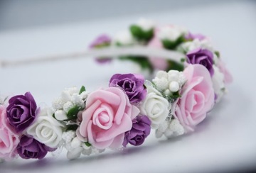 OPASKA różówa wianek komunijny kwiaty fioletowe na głowę na komunije wesele