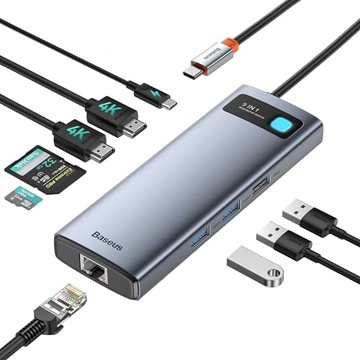 USB-концентратор Baseus 9-в-1 с двойным разрешением 4K, частотой 120 Гц, локальной сетью 1000 Мбит/с, блоком питания 100 Вт