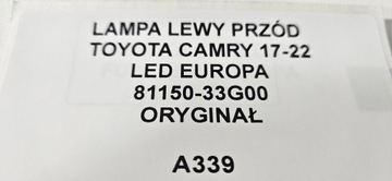 SVĚTLO LEVÝ PŘEDNÍ TOYOTA CAMRY VIII 17-22 LED EVROPA