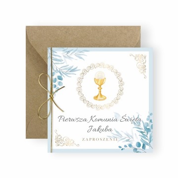 ZAPROSZENIA NA KOMUNIĘ KOMUNIJNE NIEBIESKIE + IMIĘ + SZNUREK + KOPERTY