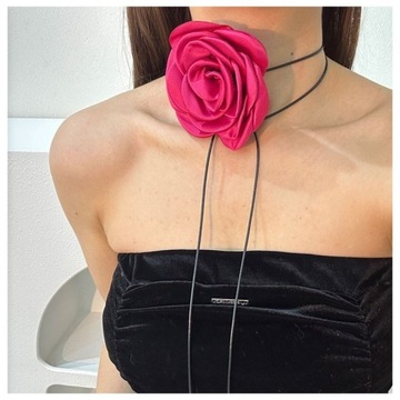 Naszyjnik choker XL ozdobny kwiat na szyję róża na rzemyku elegancki Fuksja