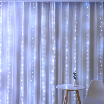 KURTYNA ŚWIETLNA 300 LED ZIMNE 3x3m USB ŚWIĄTECZNE CHOINKOWE GIRLANDA PILOT