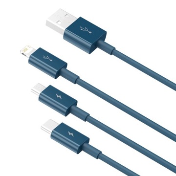 BASEUS MOCNY KABEL 3w1 USB PRZEWÓD do IPHONE MICRO TYP-C USB-C 3.5A 150Cm