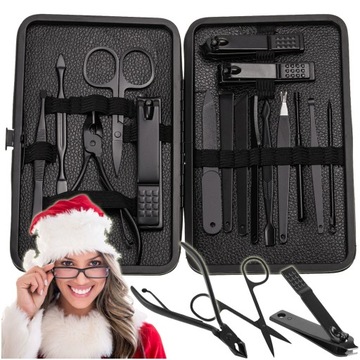 Duży ZESTAW do MANICURE PRZYBORNIK do PAZNOKCI 16w1 czarny ETUI na prezent