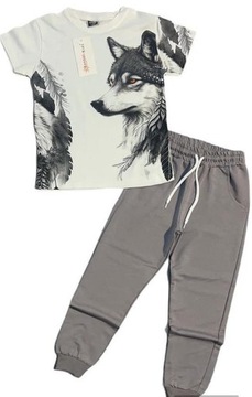 KOMPLET DRES KOSZULKA Z WILKIEM SPODNIE DRESOWE SZARE r 128 134
