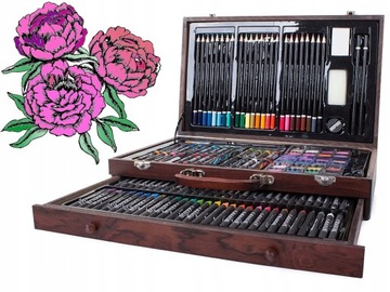 ZESTAW ARTYSTYCZNY 142 szt. + DREWNIANA WALIZKA KREDKI PASTELE FARBKI