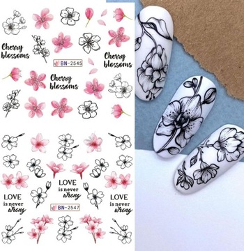 ВОДНЫЕ НАКЛЕЙКИ для украшения ногтей, лист из 12 рисунков украшений из цветов сакуры.
