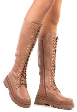 6184 BEŻOWE WYSOKIE BOTKI TRAPERY GLANY 40