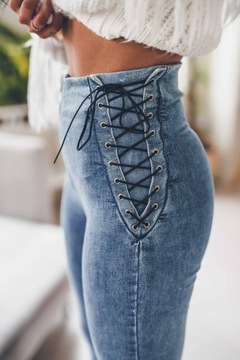 Jeansowe spodnie damskie tregginsy z wiązaniem po bokach wysoki stan ZIP M