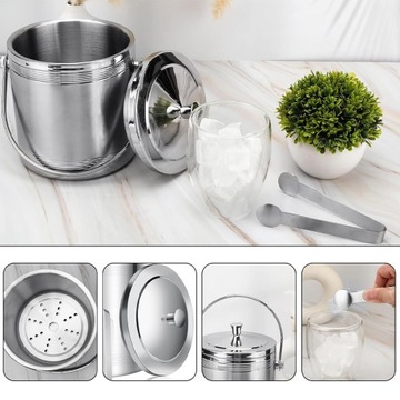 ВЕДРО ДЛЯ ЛЬДА ОХЛАДИТЕЛЬ ТЕРМАЛЬНЫЙ охлаждающий контейнер СЕРЕБРЯНЫЙ + щипцы