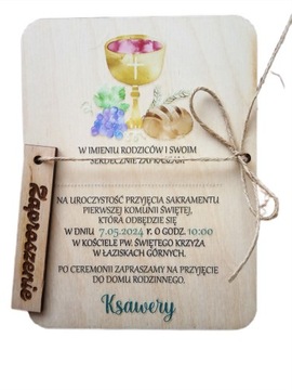 Zaproszenie na komunię grawerowane drewniane eko