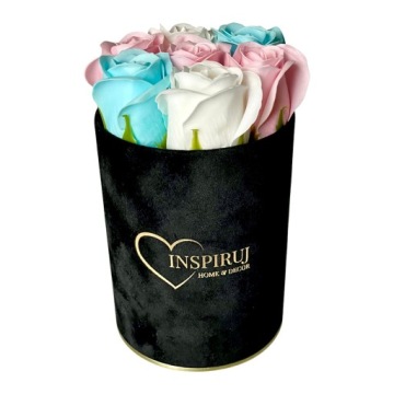 ЦВЕТОЧНАЯ КОРОБКА С МЫЛЬНЫМИ ЦВЕТАМИ ПОДАРОЧНЫЕ ЦВЕТЫ МЫЛЬНЫЕ РОЗЫ ВЕЛУРОВАЯ КОРОБКА