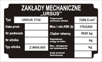 Tabliczka znamionowa ciągnik URSUS 1734