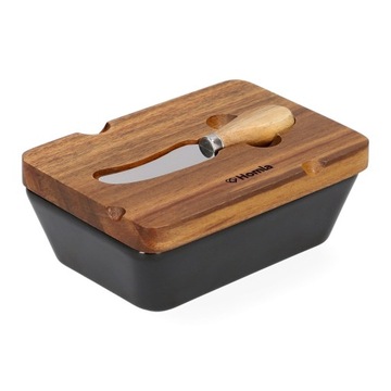 Фарфоровая масленка MOOKA с ножом и крышкой из акации, черная, 11х16 см