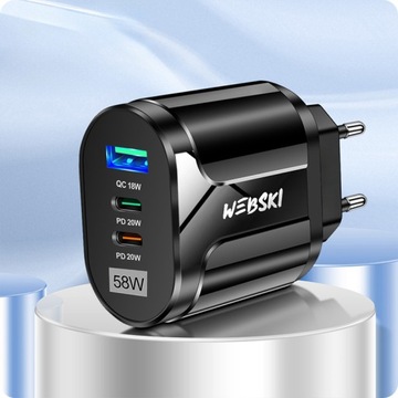 БЫСТРОЕ СЕТЕВОЕ ЗАРЯДНОЕ УСТРОЙСТВО 2X USB C 58 Вт + USB QC 3.0 PD + КАБЕЛЬ USB-C 60 Вт 1 м