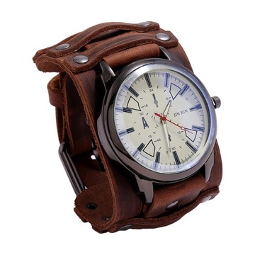 Zegarek Retro Punk Pointer Skórzany szeroki pasek w kolorze czarnym