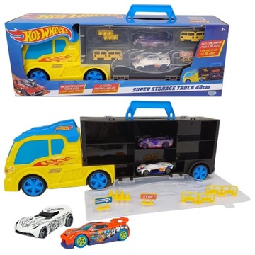 HOT WHEELS ZESTAW 3W1 CIĘŻARÓWKA TRANSPORTER NA 16 AUT 40CM +2 AUTA I ZNAKI