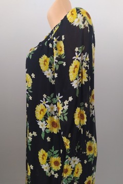 M/L 38/40 Janina czarna luźna sukienka midi z wiskozy w żółte kwiaty
