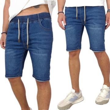 modne SPODENKI męskie JEANSOWE szorty krótkie spodnie PAS na GUMIE 328, XL