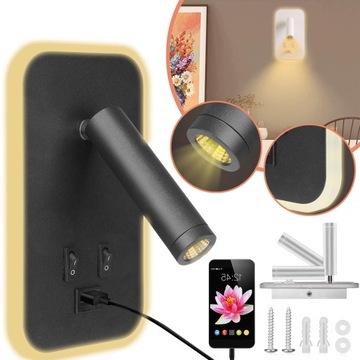 LAMPA ŚCIENNA LED, Z PORTEM ŁADOWANIA USB, DO SYPIALNI, SALONU, GABINETU