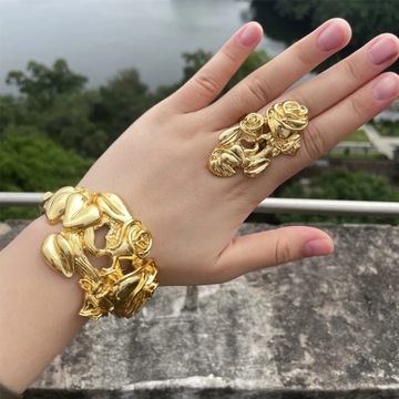 Luxury Dubai Gold Plated Bracelet Ring Copper Cuff Flower Bangle Italy Fran