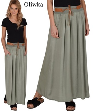 MAXI DŁUGA ZWIEWNA SPÓDNICA z paskiem OLIWKA