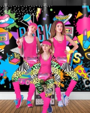 НАРЯД 80-х 90-х НЕОНОВОЕ РЕТРО-ДИСКОТЕЧНОЕ ПЛАТЬЕ ТЕЛО ЛЕГГИНСЫ КОМПЛЕКТ Z1 9in1 M