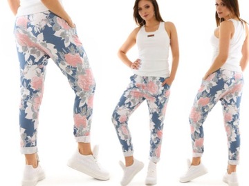 F443 Wygodne SPODNIE DRESOWE w KWIATY r.S/M