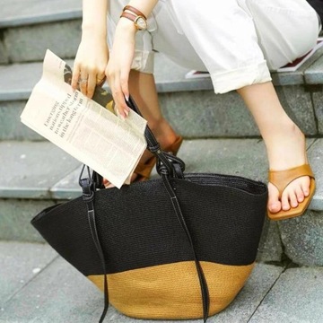 ЛЕТНЯЯ ПЛЯЖНАЯ СУМКА КОРЗИНА БОЛЬШАЯ СОЛОМНАЯ СУМКА ЧЕРНАЯ КОРИЧНЕВАЯ А4