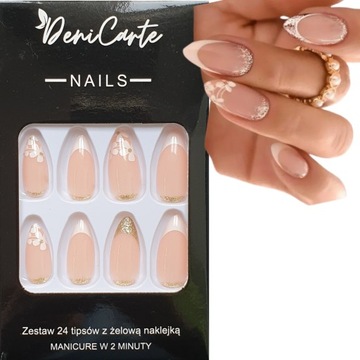 PAZNOKCIE SZTUCZNE TIPSY ALMOND FRENCH ZŁOTY BIAŁE KWIATKI SAMOPRZYLEPNE 24