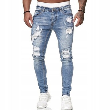 Modne męskie jeansy slim fit, spodnie z dziurami, XL