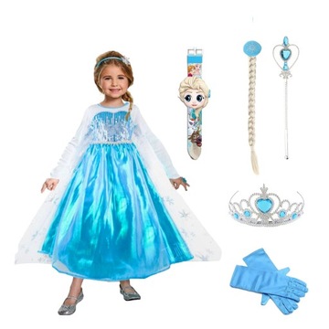 SUKIENKA ELSA STRÓJ ELZA S 98/104 cm KOSTIUM BAL + AKCESORIA + ZEGAREK