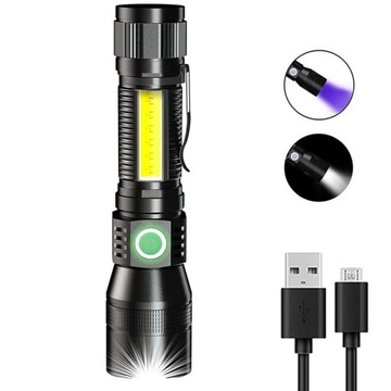 LATARKA LED COB MOCNA Z LAMPĄ UV 395 NM WIELOFUNKCYJNY 7 TRYBÓW