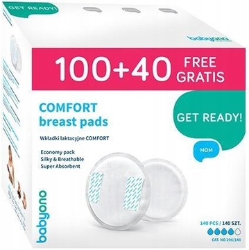 BABYONO WKŁADKI LAKTACYJNE COMFORT ŻELOWE CHŁONNE CIENKIE 140szt 296/140