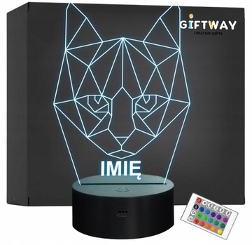 Lampka Nocna LED 3D Z Imieniem Grawer Kot Kotek na Prezent Geometryczny