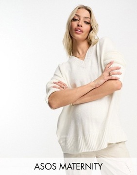 LUX Maternity Kremowy gruby sweter z dekoltem w szpic S