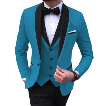 Blue Slit Mens Suits 3 Piece Black Shawl Lapel Cas