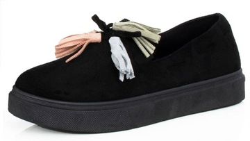 TENISÓWKI ZAMSZOWE CZARNE SLIP ON WSUWANE Z FRĘDZLAMI 39
