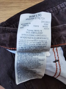 WRANGLER ARIZONA STRETCH W30 L30 spodnie sztruksowe sztruksy