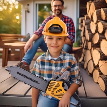 ИГРУШЕЧНАЯ МОТОПИЛА для детей, БЕНЗИНОВАЯ КОМБИНИРОВАННАЯ, ПОДВИЖНАЯ РЕЗИНОВАЯ ЦЕПЬ + ШЛЕМ