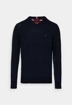 sweter meski tommy hilfiger granat w serek elegancki małe logo bawełniany