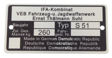 Tabliczka znamionowa Simson S51 oryginalny wzór