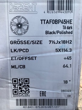 4X DIESEL TA DARK 18X7,5 ROZTEČ 5X114,3 ET 45 HONDA CIVIC CR-V HR-V ACCORD