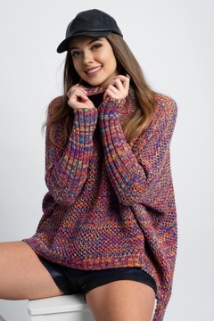 BELLA Polskie PONCHO SWETER OVERSIZE z półgolfem MULTICOLOR