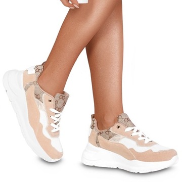 Buty Damskie na Platformie Sneakersy Beżowe 36