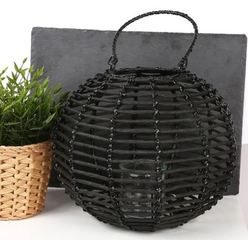 Черный плетеный садовый фонарь со стеклянной вставкой, 25х20 см.