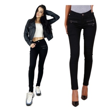 CZARNE SPODNIE BIODRÓWKI DOPASOWANE JEANS DAMSKIE NISKI STAN moda L 40