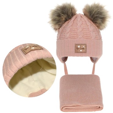 CZAPKA ZIMOWA I SZALIK 44-46cm Ciepły komplet zimowy R.80/86 Pudrowy róż