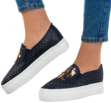 6619 GRANATOWE TENISÓWKI AŻUROWE SLIP ON 38