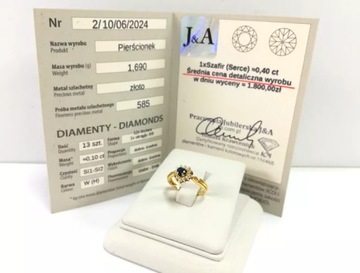 ZŁOTY PIERŚCIONEK SZAFIR 0,4CT I BRYLANTY 0,1CT 585 R10 1,69G CERTYFIKAT